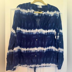 INC Blue White Tie Dye Button Front Shirt Tie Waist, Size 18W